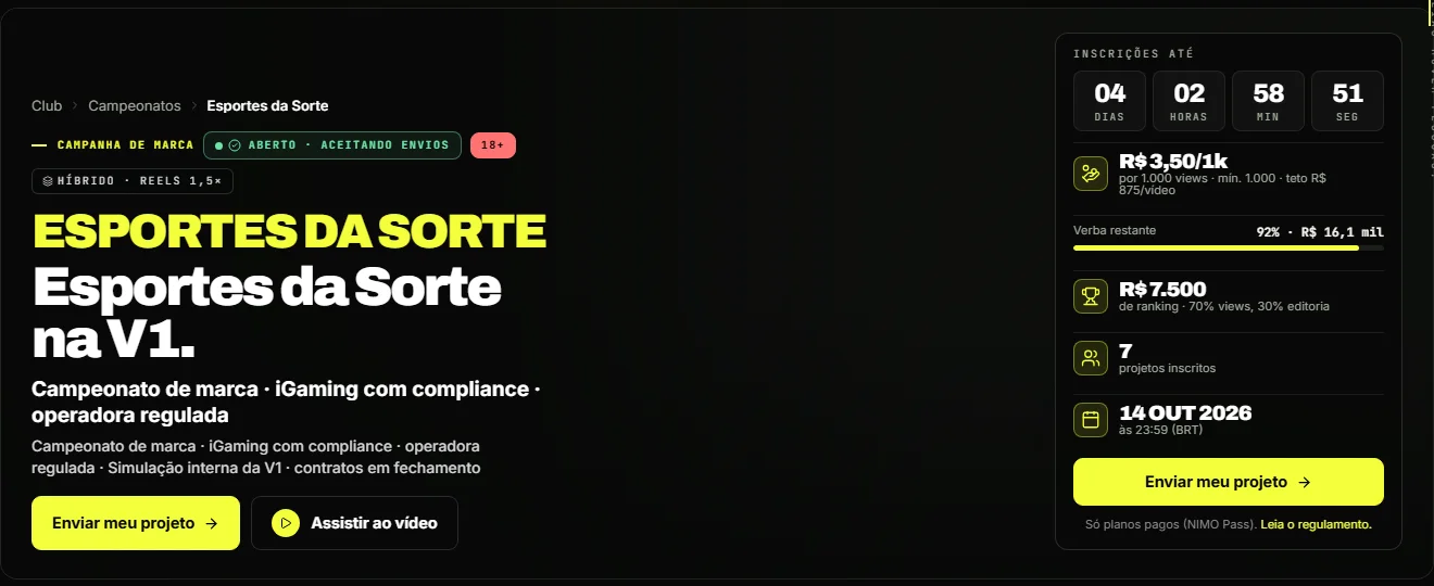 Tela do campeonato Esportes da Sorte na plataforma