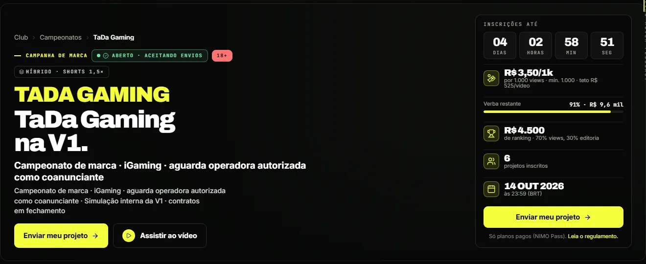 Tela do campeonato TaDa Gaming na plataforma