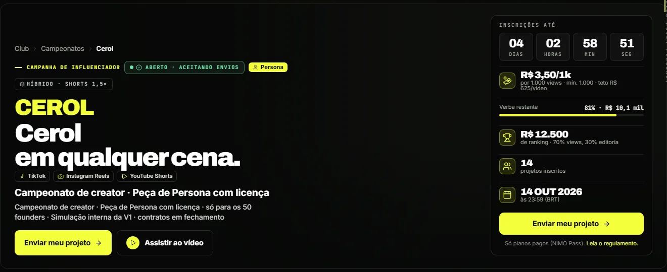 Tela do campeonato Cerol na plataforma