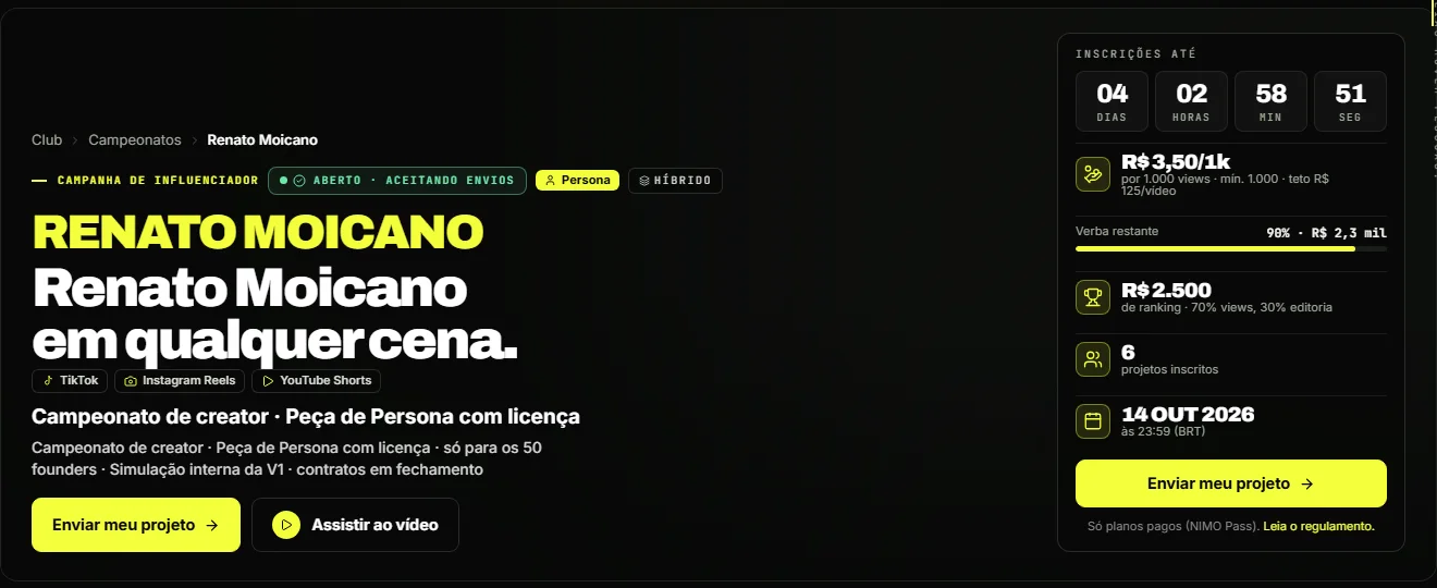 Tela do campeonato Renato Moicano na plataforma