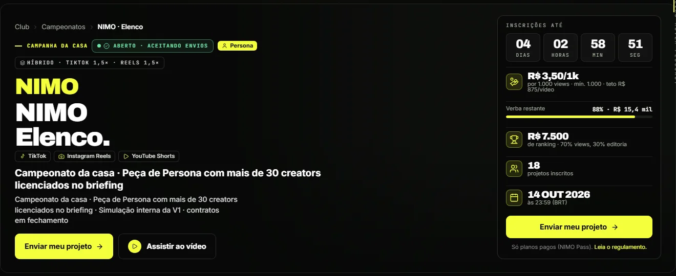 Tela do campeonato NIMO na plataforma