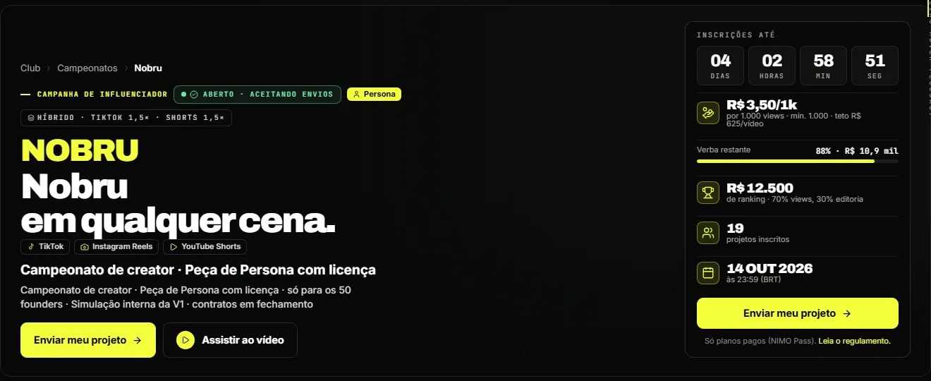 Tela do campeonato Nobru na plataforma