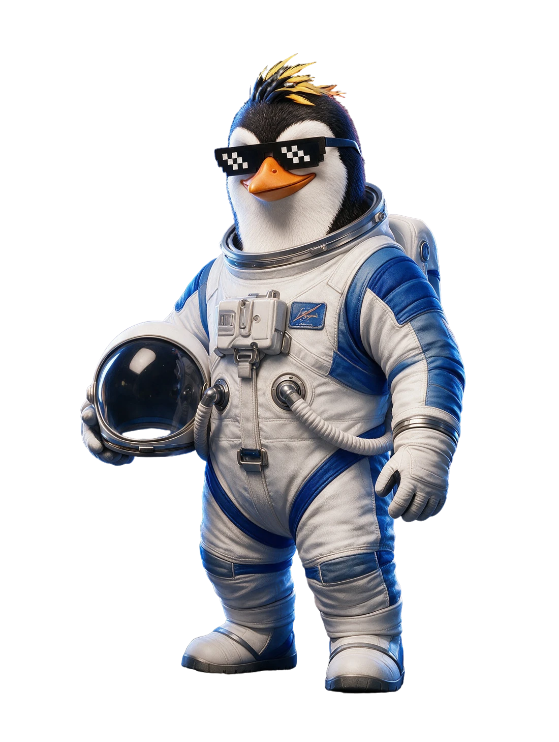 O astronauta, pinguim NIMO com óculos pixelados
