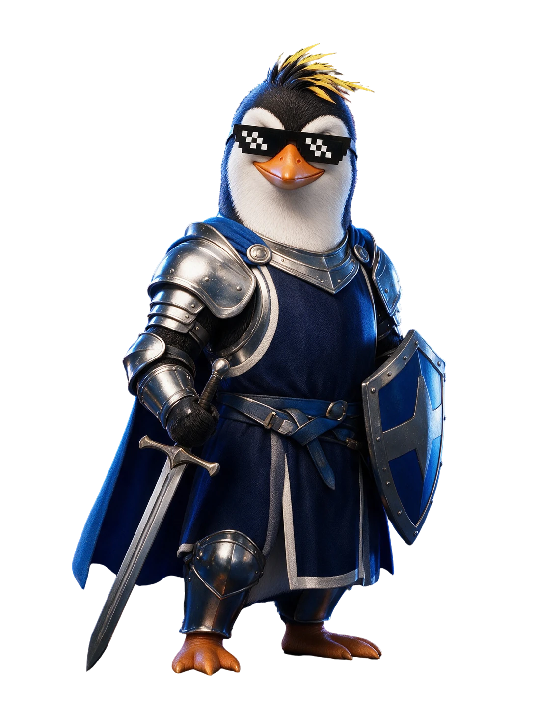 O cavaleiro, pinguim NIMO com óculos pixelados