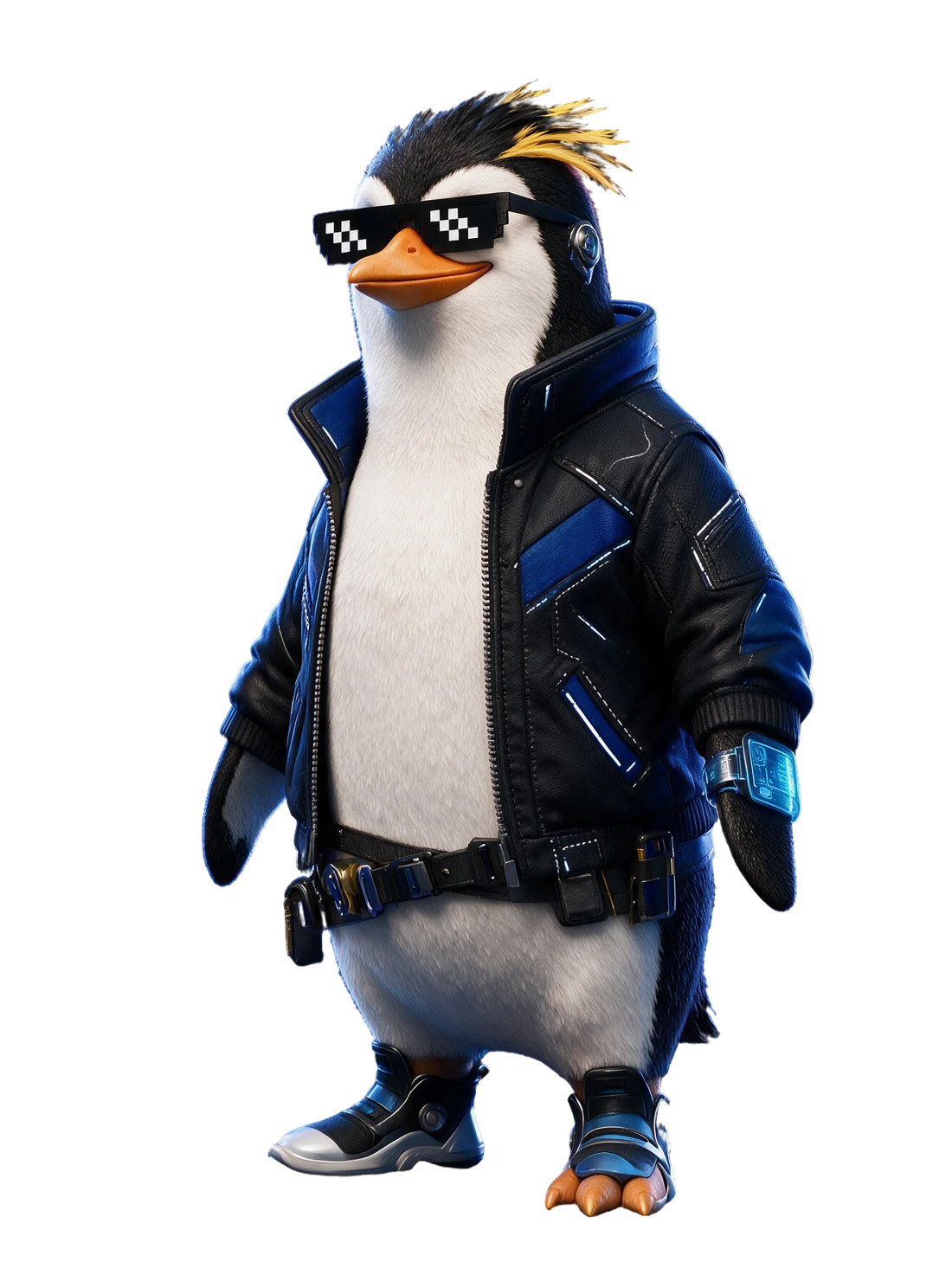 O cyberpunk, pinguim NIMO com óculos pixelados