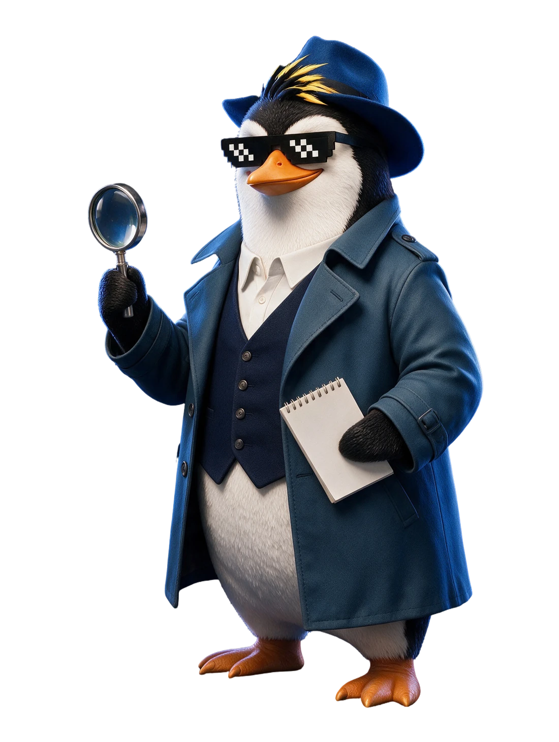 O detetive, pinguim NIMO com óculos pixelados