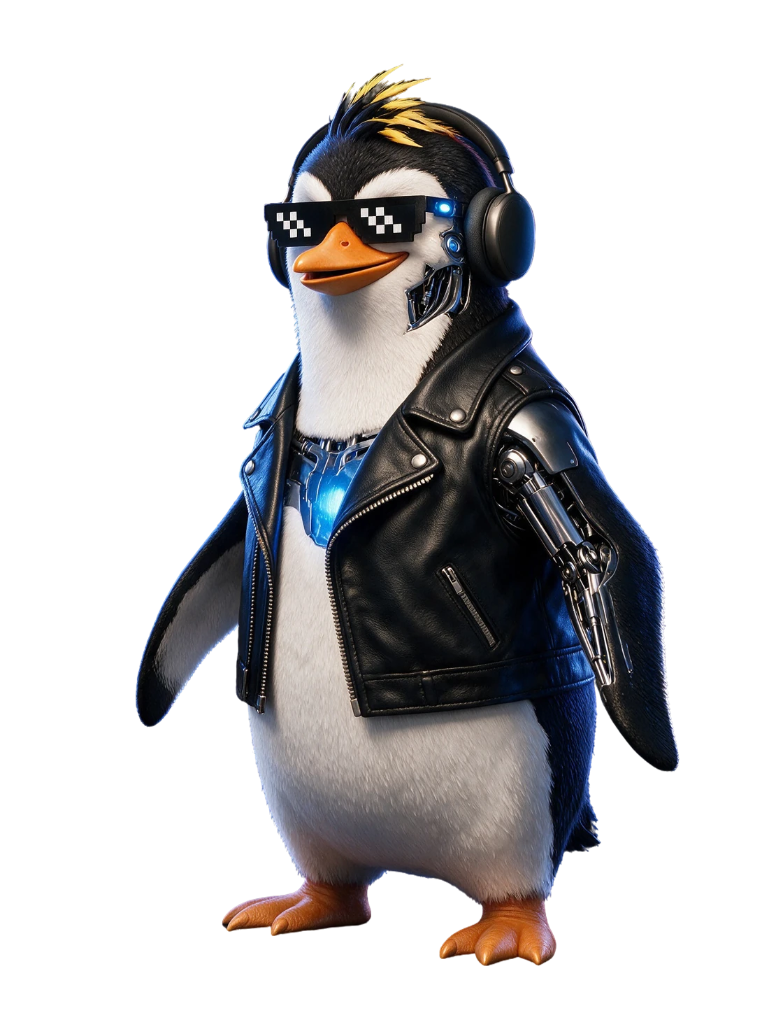O exterminador, pinguim NIMO com óculos pixelados