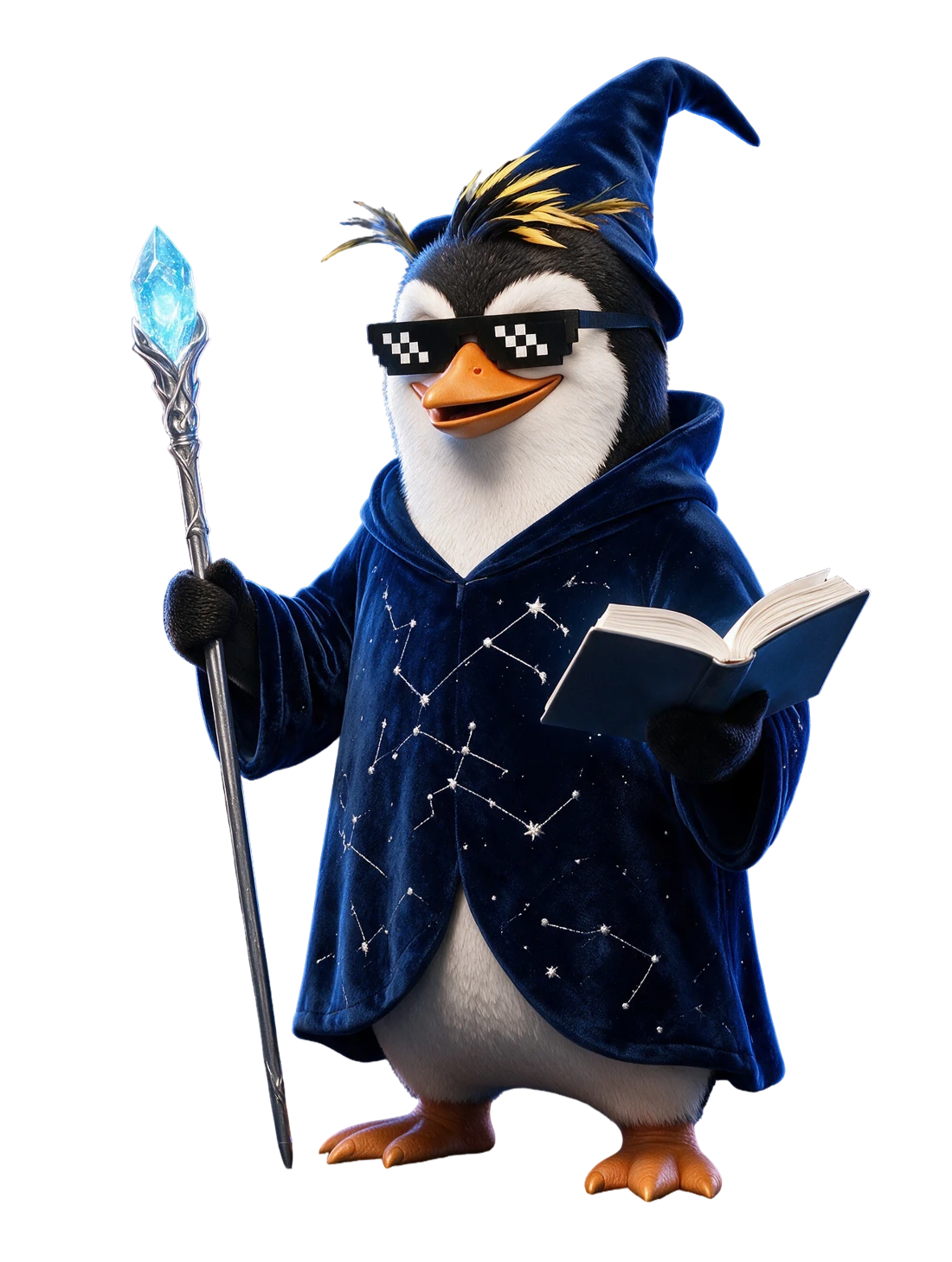 O feiticeiro, pinguim NIMO com óculos pixelados