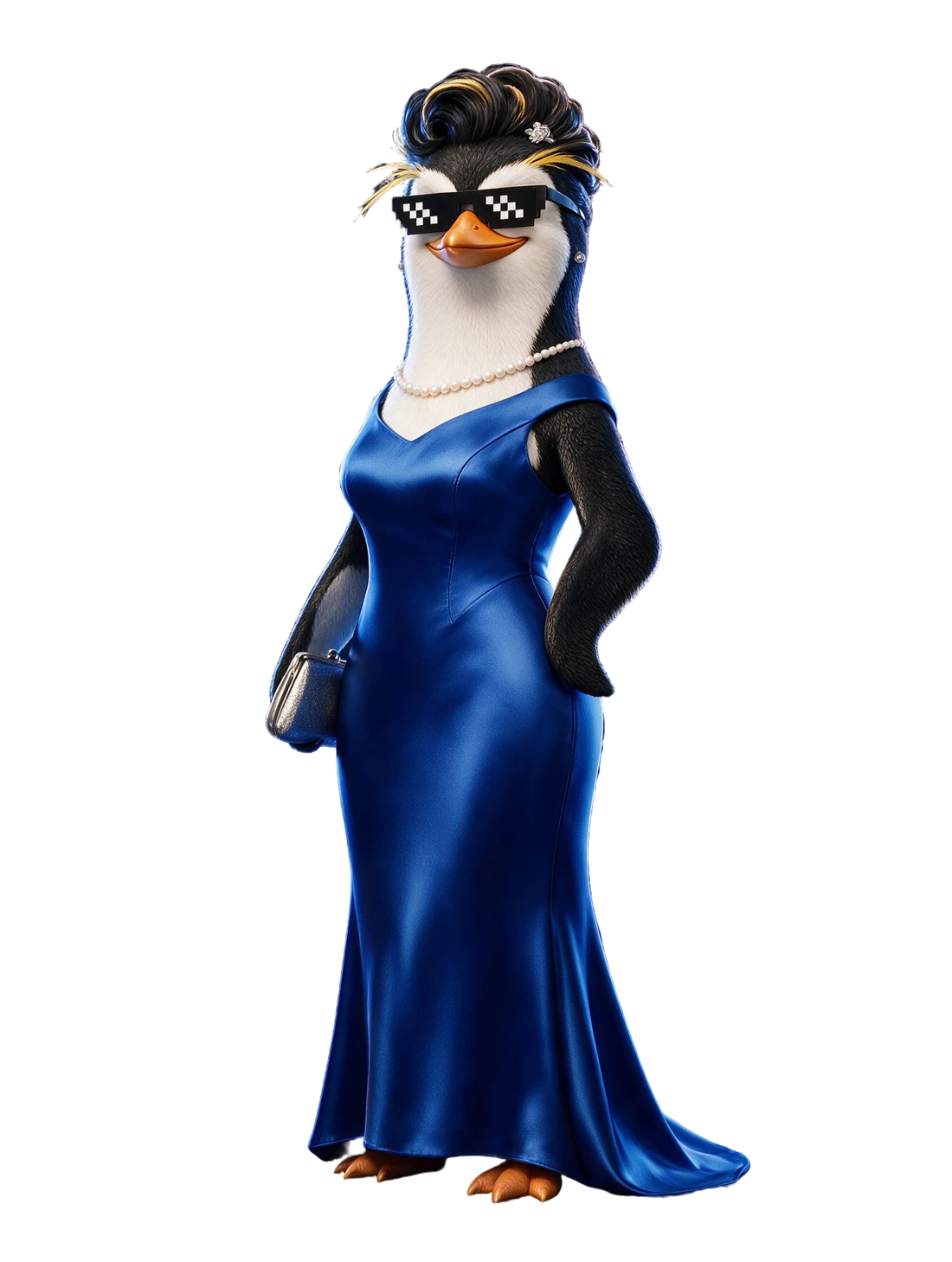 A estrela de gala, pinguim NIMO com óculos pixelados
