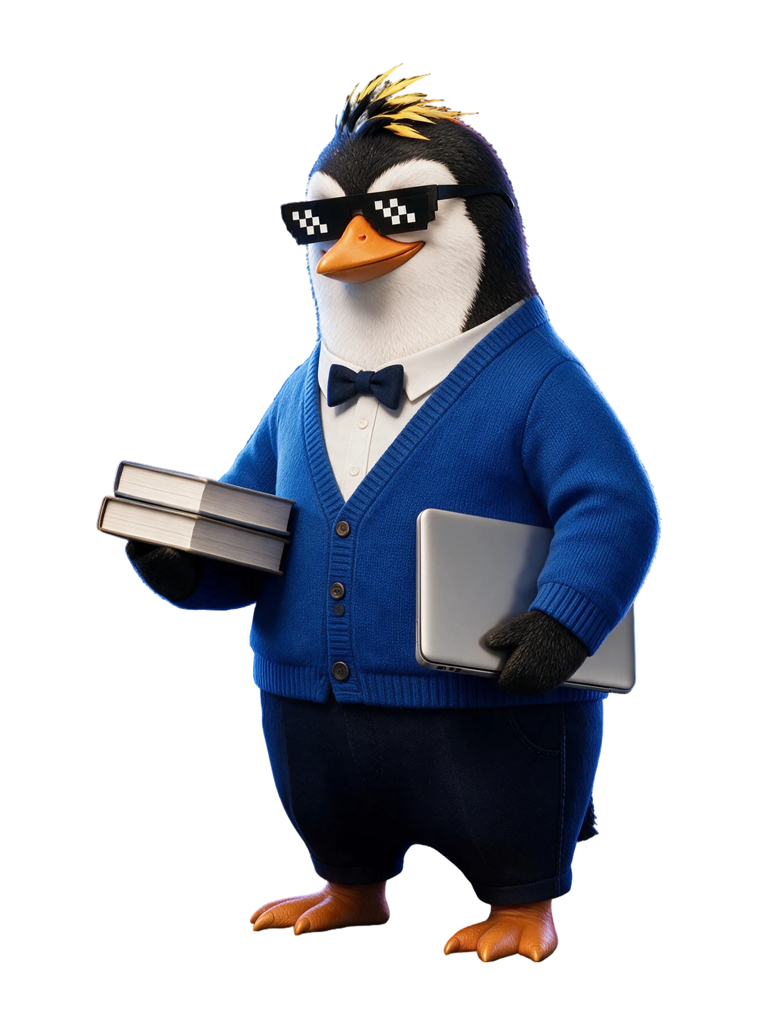 O estudioso, pinguim NIMO com óculos pixelados