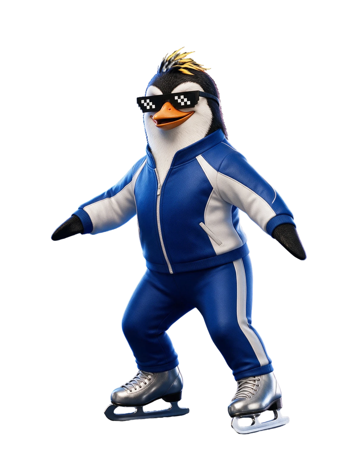 O patinador, pinguim NIMO com óculos pixelados