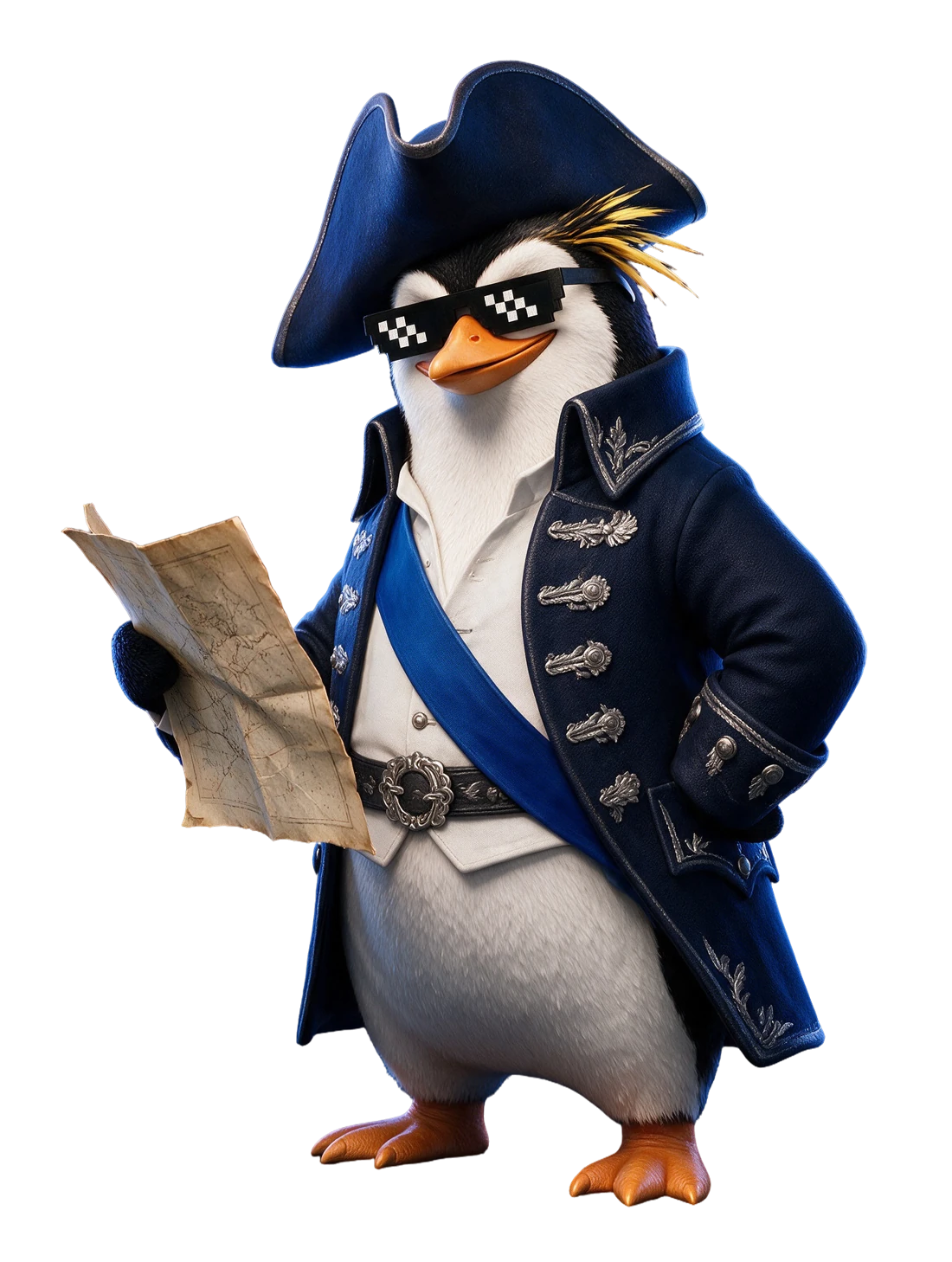 O capitão, pinguim NIMO com óculos pixelados