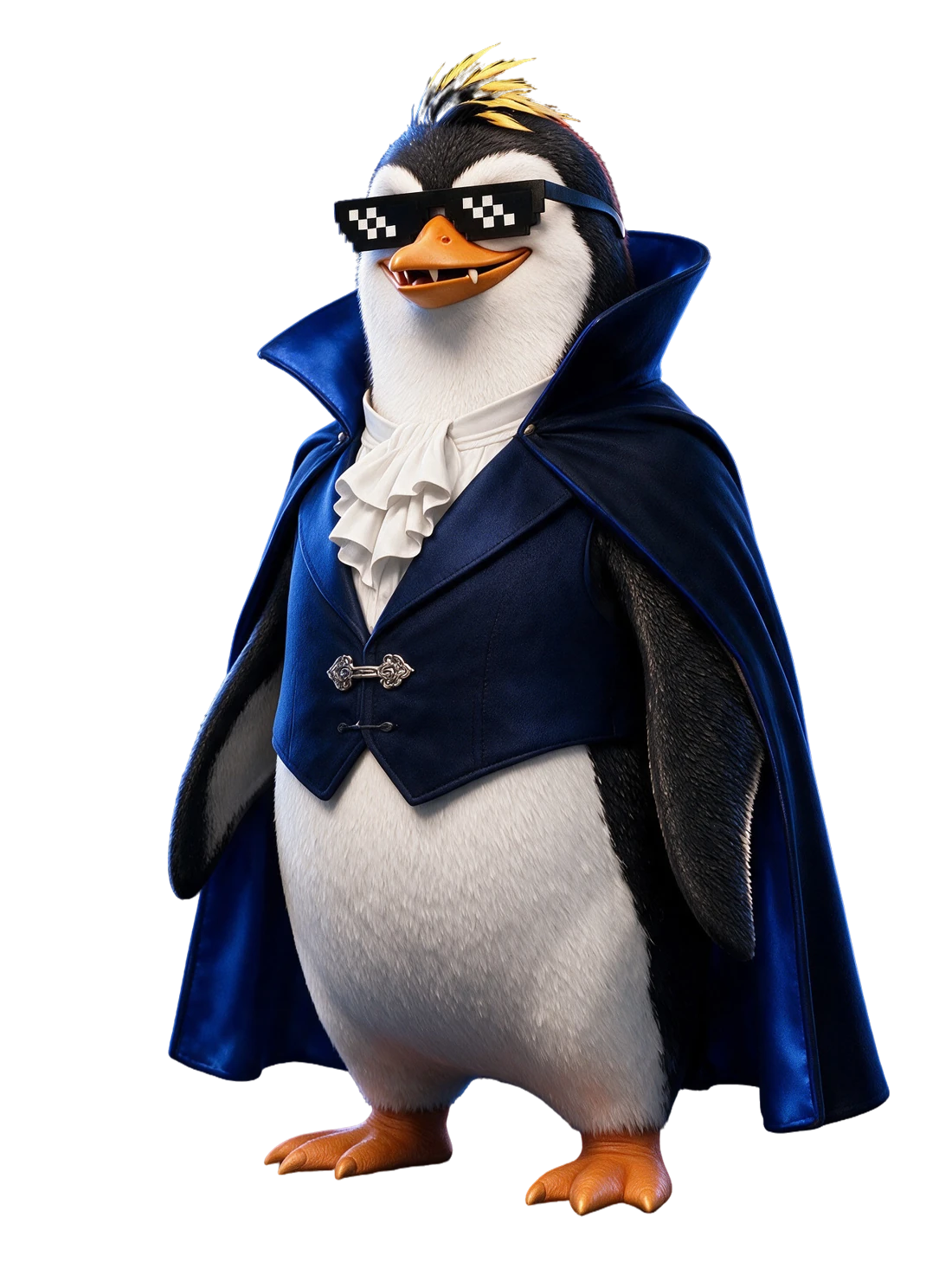 O vampiro, pinguim NIMO com óculos pixelados