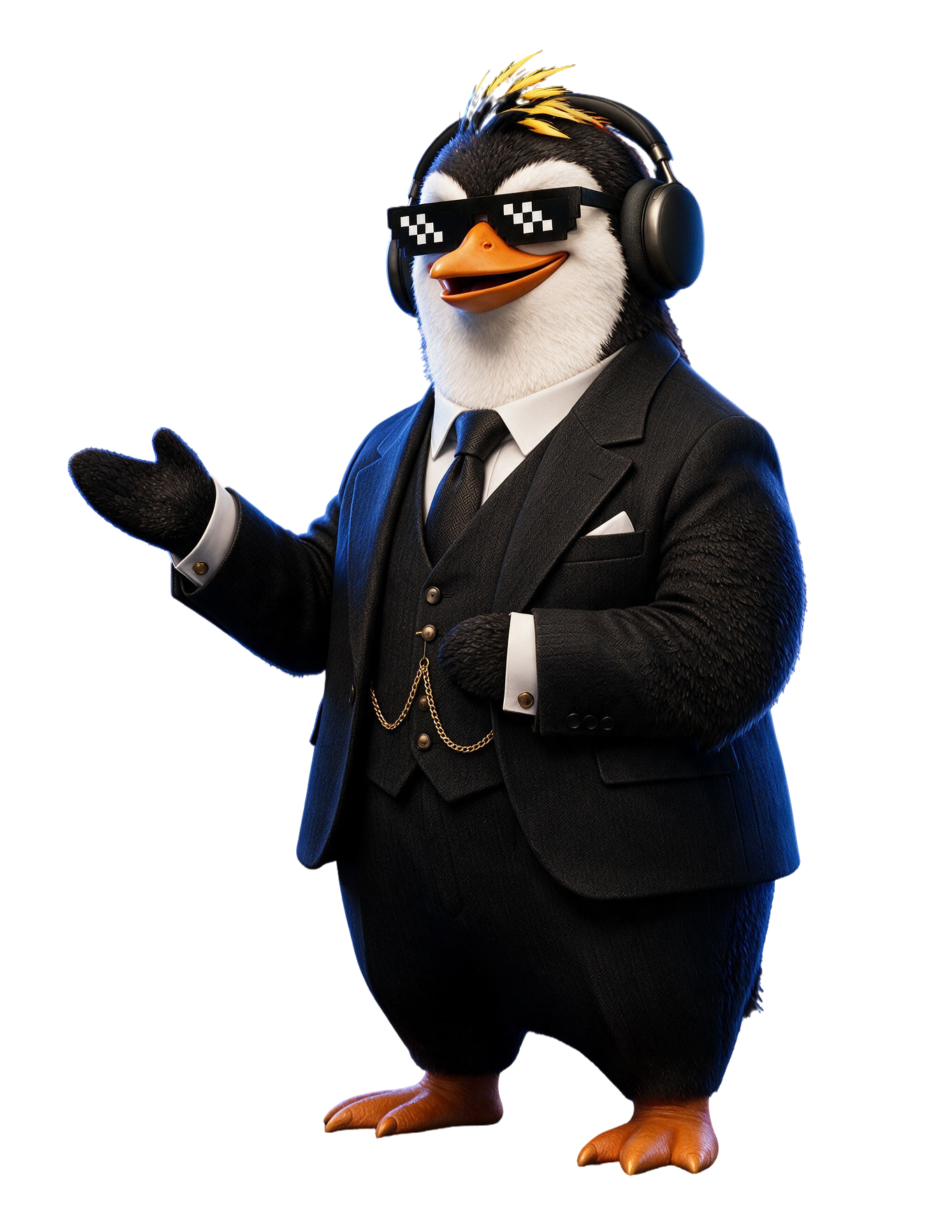 Pinguim NIMO com topete amarelo, óculos pixelados, fone e terno